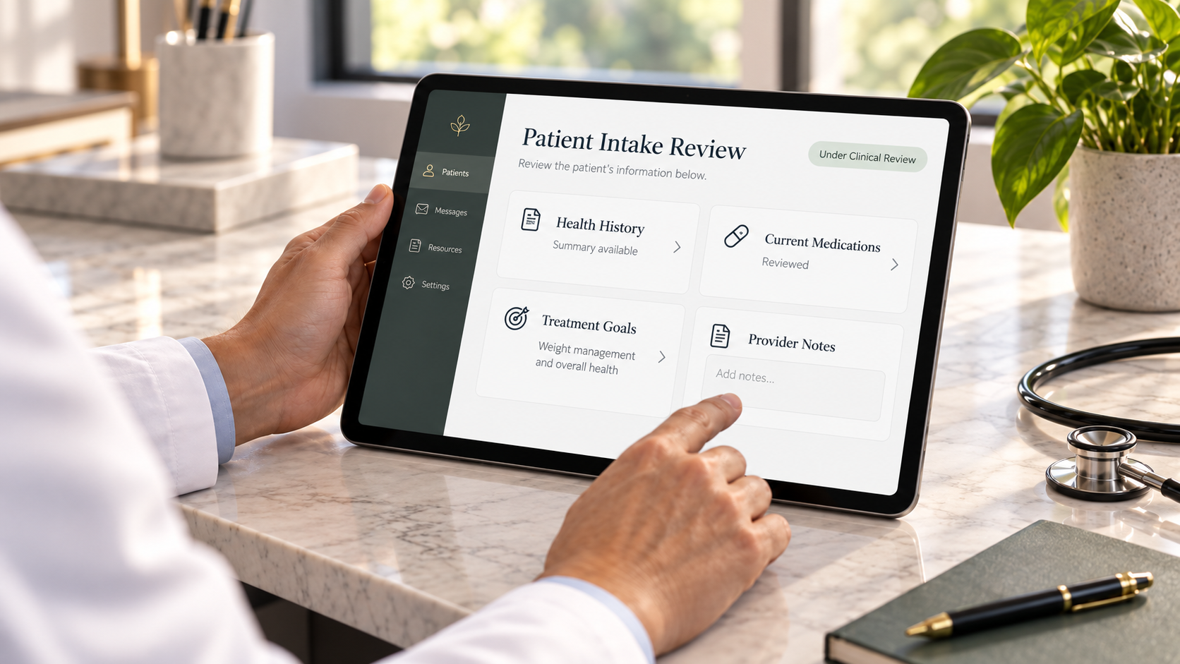 Licensed medical provider reviewing a patient intake on screen