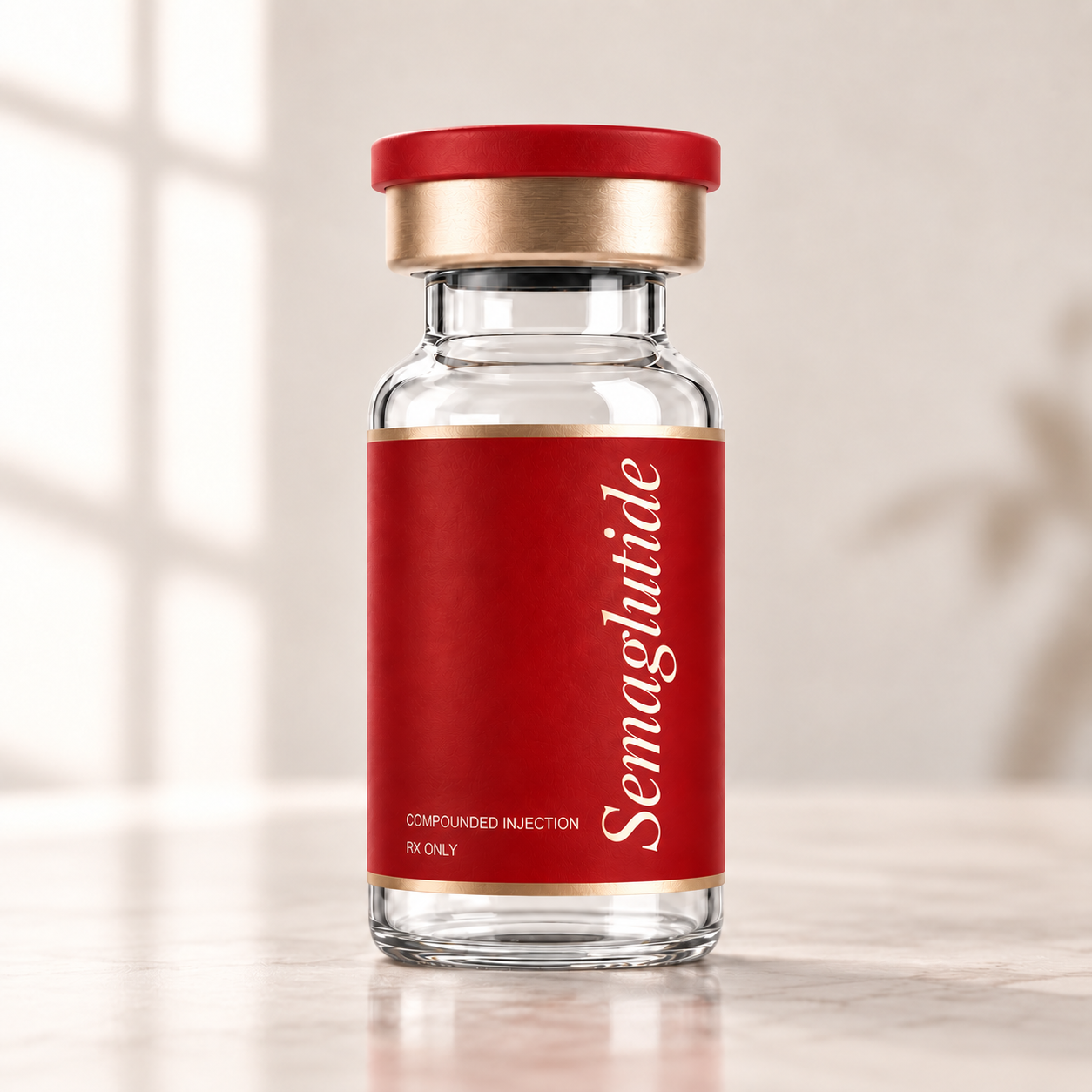 Vial of compounded Semaglutide on a marble counter