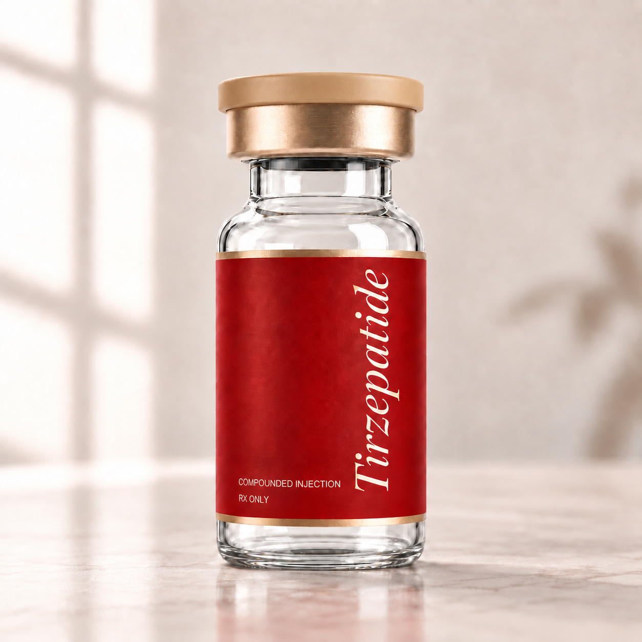 Vial of compounded Tirzepatide on a marble counter