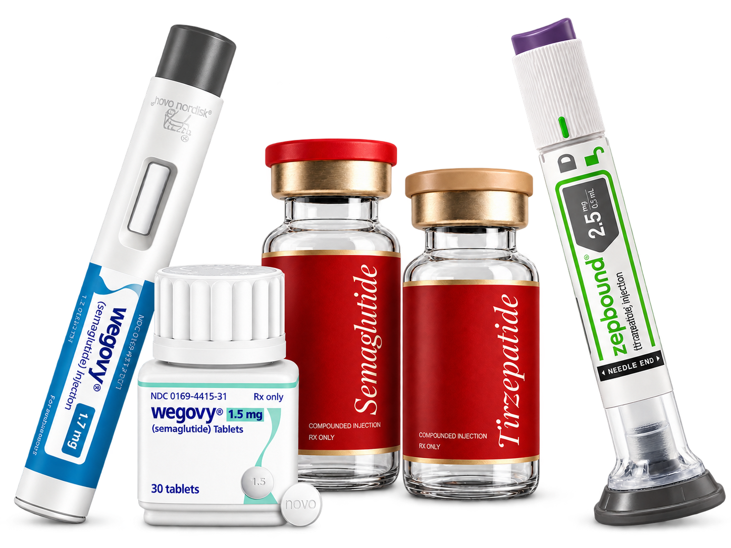 The HealFastRx treatment lineup: compounded semaglutide and tirzepatide vials, Wegovy tablets, and Wegovy and Zepbound injection pens.