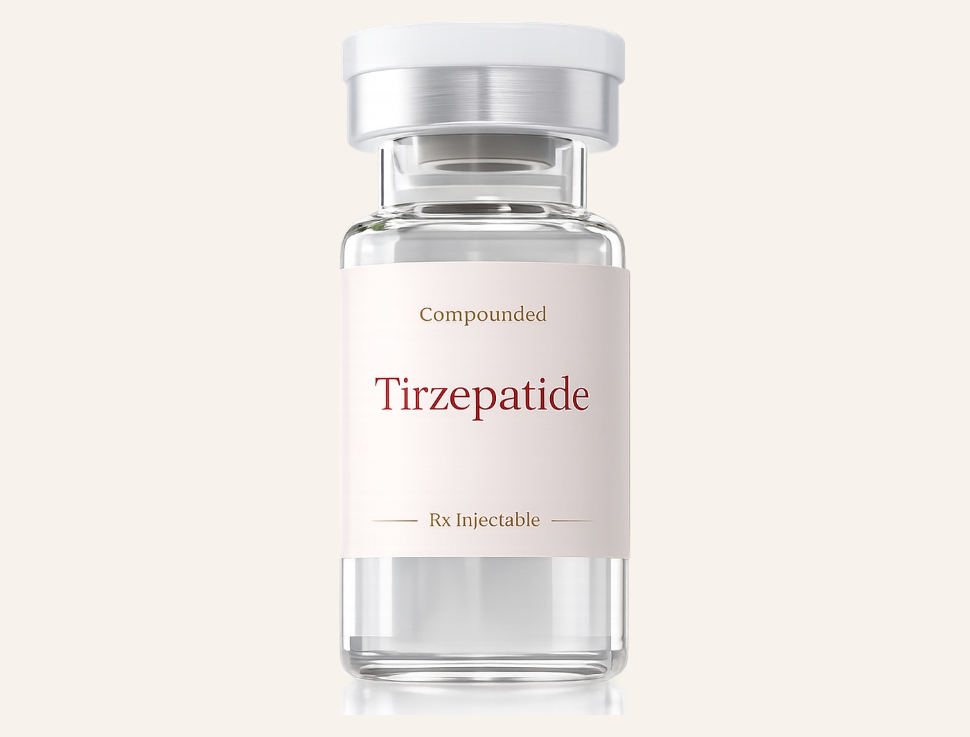 Compounded tirzepatide vial with a HealFast cream and crimson label on a warm neutral background