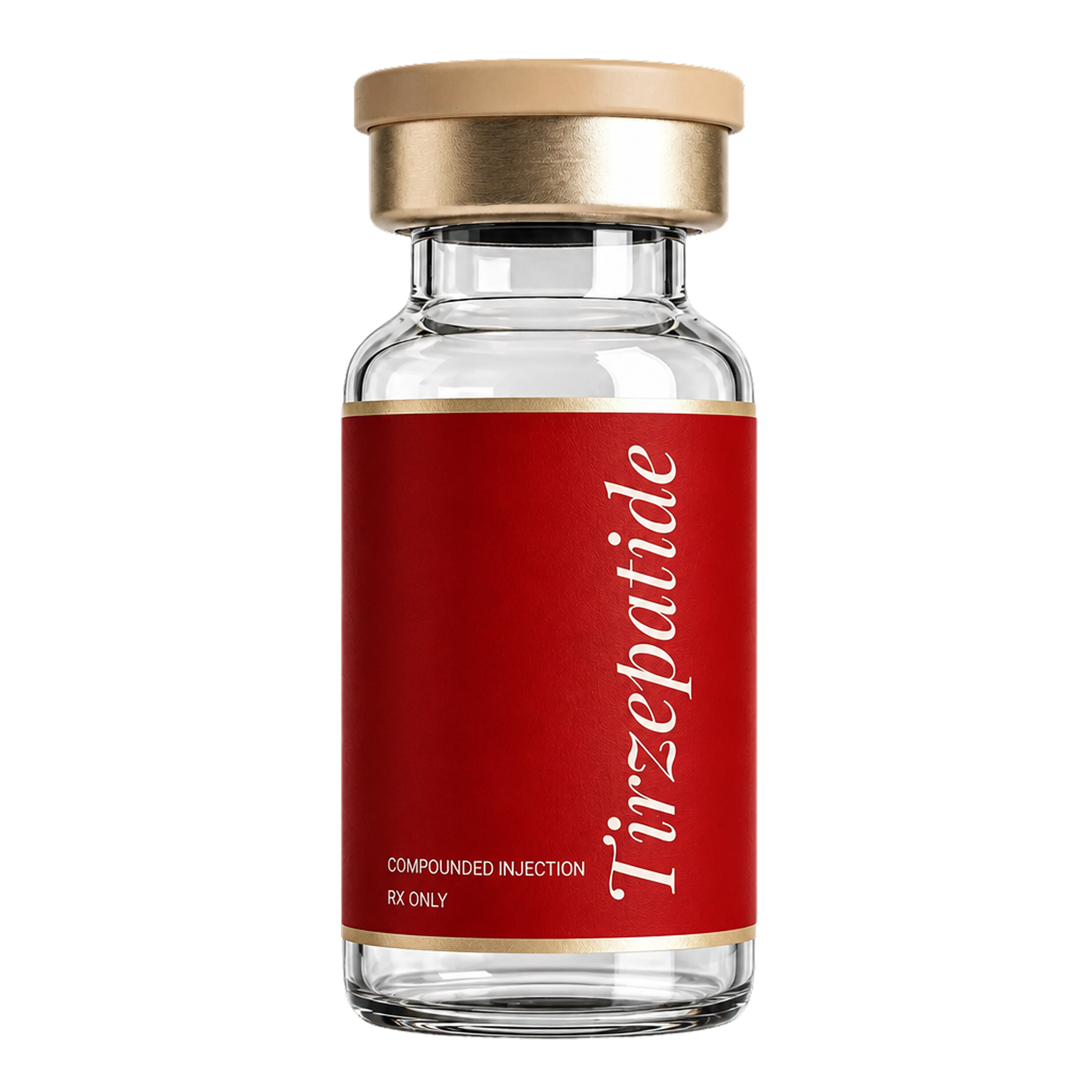 Compounded tirzepatide vial with a crimson and gold HealFast label