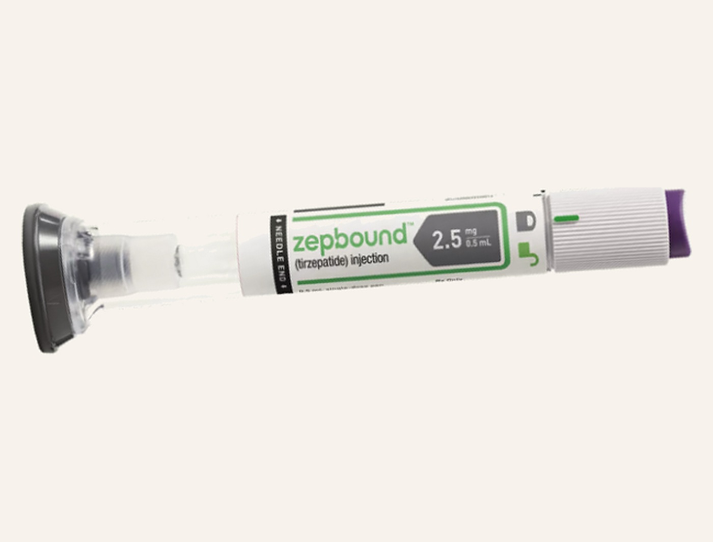 Zepbound® single-dose injector pen shown horizontally on a warm neutral background